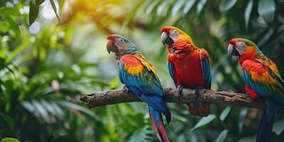 ai gegenereerd tropisch vogelstand zittend Aan een boom Afdeling in de regenwoud foto