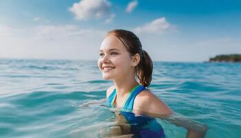 ai gegenereerd jong vrouw zwemmen in zee, zwemmen pak, vakantie concept foto