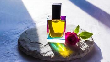 mockup van galss transparant parfum fles Aan steen bord en schaduwen foto