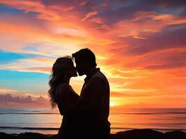 ai gegenereerd silhouet van een paar sharing een kus tegen een kleurrijk zonsondergang foto