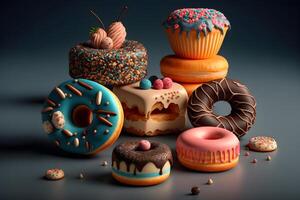 ai gegenereerd veel geglazuurd donuts en taart, neurale netwerk gegenereerd kunst foto