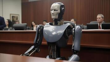 ai gegenereerd antropomorf robot in menselijk rechtbank, neurale netwerk gegenereerd kunst, ai wet concept foto