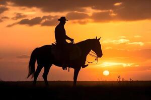 ai gegenereerd silhouet van een cowboy Aan een paard Bij zonsondergang, neurale netwerk gegenereerd fotorealistisch beeld foto