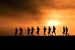 ai gegenereerd marathon zwart silhouetten van hardlopers Aan de zonsopkomst, neurale netwerk gegenereerd beeld foto