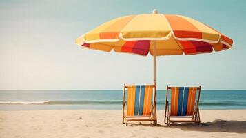 ai gegenereerd strand paraplu met twee stoelen Aan de zand strand - zomer vakantie thema kop, neurale netwerk gegenereerd kunst foto