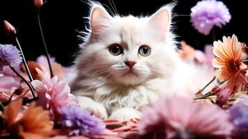 ai gegenereerd schattig wit Perzisch katje met bloemen Aan een zwart achtergrond. foto