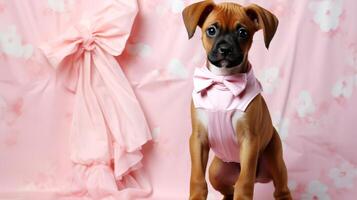 ai gegenereerd schattig puppy van rhodesian ridgeback in roze kleren Aan een roze achtergrond. foto