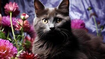 ai gegenereerd schattig kat en bloem Aan licht achtergrond. foto