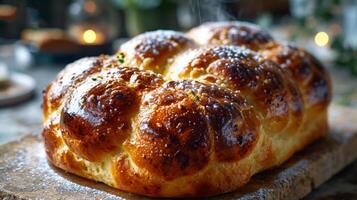 ai gegenereerd vers gebakken eigengemaakt brood Aan een tafel. foto