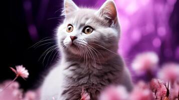 ai gegenereerd schattig Brits kort haar katje Aan roze bloemen achtergrond. foto