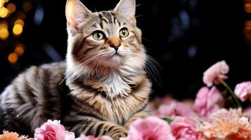 ai gegenereerd schattig gestreept kat aan het liegen Aan bloemen in voorkant van donker achtergrond. foto