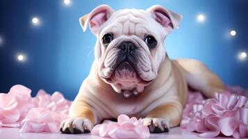 ai gegenereerd schattig Engels bulldog aan het liegen Aan roze achtergrond met bokeh. foto