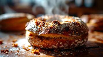 ai gegenereerd vers gebakken bagels met sesam zaden Aan een houten tafel. foto