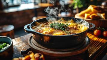 ai gegenereerd kaas braadpan in een pot Aan een tafel in een restaurant. foto