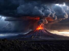 ai gegenereerd brandend vulkaan in de lucht foto