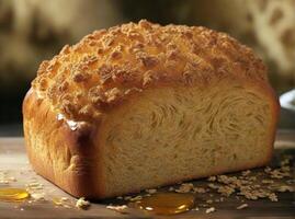 ai gegenereerd brood van brood Aan houten tafel foto