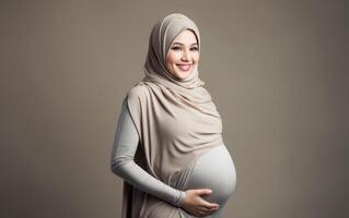 ai gegenereerd gelukkig zwanger moslim vrouw aanraken haar buik foto