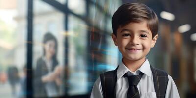 ai gegenereerd de geluk van kinderjaren in een weinig schooljongen glimlach foto