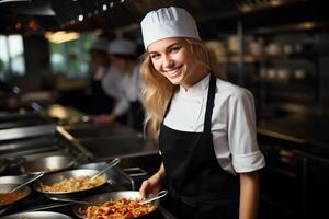 ai gegenereerd vrouw chef Koken smakelijk gerechten in modern keuken voor culinaire enthousiastelingen en voedsel geliefden foto