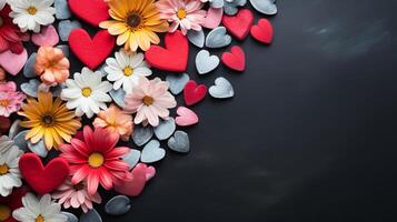 ai gegenereerd levendig bloemen valentijnsdag dag achtergrond met kleurrijk bloei en romantisch bloemblaadjes foto