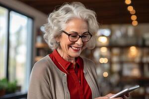 ai gegenereerd gelukkig volwassen jaren 70 vrouw, ouderen dame gebruik makend van mobiel app naar tekst bericht Aan bankstel Bij huis foto