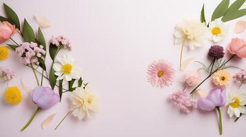 ai gegenereerd assortiment van voorjaar bloemen Aan pale roze achtergrond foto