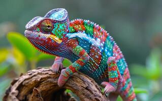 ai gegenereerd kleurrijk kameleon Aan groen Afdeling foto