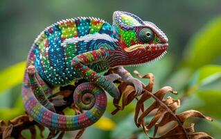 ai gegenereerd kleurrijk kameleon Aan groen Afdeling foto