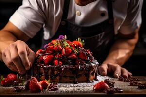 ai gegenereerd chef decoreren chocola taart met aardbei foto