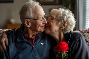 ai gegenereerd senior coupe zoenen Aan Valentijn dag foto