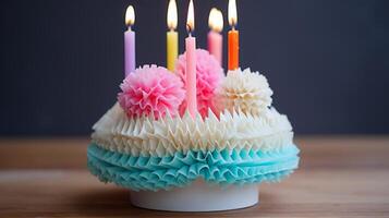ai gegenereerd kleurrijk verjaardag taart met kaarsen en decoraties foto