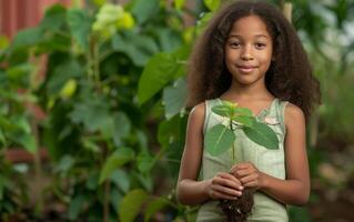 ai gegenereerd Amerikaans meisje houdt een jong plant, kinderen aanplant bomen beeld foto