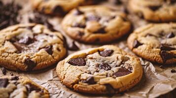 ai gegenereerd chocola spaander koekjes Aan bakken papier, detailopname, selectief focus foto