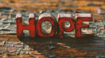 ai gegenereerd de woord hoop is geschreven in rood brieven Aan een oud houten achtergrond foto