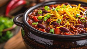 ai gegenereerd Chili con carne in een kom Aan houten tafel, detailopname foto