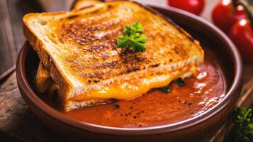 ai gegenereerd tomaat soep met geroosterd brood Aan houten tafel, detailopname foto