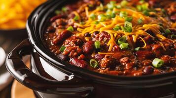 ai gegenereerd Chili con carne in een kom Aan houten tafel, detailopname foto