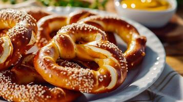 ai gegenereerd Beiers pretzels met mosterd Aan een houten tafel. foto