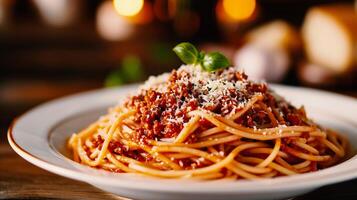 ai gegenereerd spaghetti bolognese met Parmezaanse kaas Aan houten tafel foto