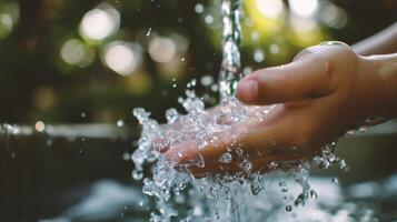 ai gegenereerd dichtbij omhoog van kind handen het wassen hun handen onder een stroom van water. foto