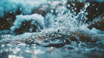 ai gegenereerd water spatten Aan de rotsen in winter. Ondiep diepte van veld. foto