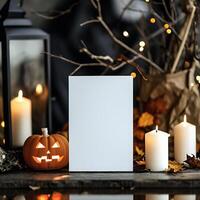 ai gegenereerd halloween decoratie met pompoenen, geesten en spinnen Aan houten achtergrond foto