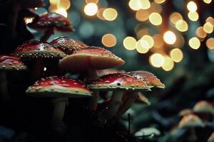 ai gegenereerd champignons in de Woud Bij nacht met bokeh effect foto