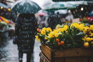 ai gegenereerd geel tulpen in een houten doos Aan de straat in regenachtig weer foto