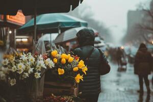 ai gegenereerd geel tulpen in een houten doos Aan de straat in regenachtig weer foto