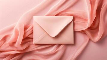 ai gegenereerd top visie van roze envelop Aan roze achtergrond. minimaal concept. foto