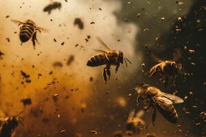 ai gegenereerd honing bijen in de bijenstal. verontreiniging milieu concept. foto