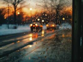 ai gegenereerd regendruppels Aan de glas van de auto na de regen Bij zonsondergang foto