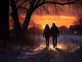 ai gegenereerd silhouet van een jong paar wandelen in de sneeuw Bij zonsondergang foto