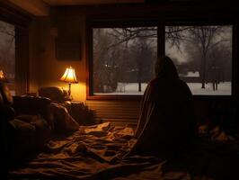 ai gegenereerd vrouw zittend in bed en op zoek uit de venster Bij de winter nacht foto